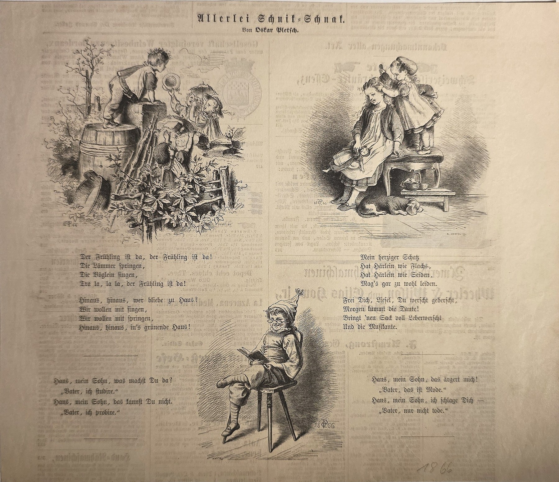 Illustrationsblatt mit kleinen Familienszenen