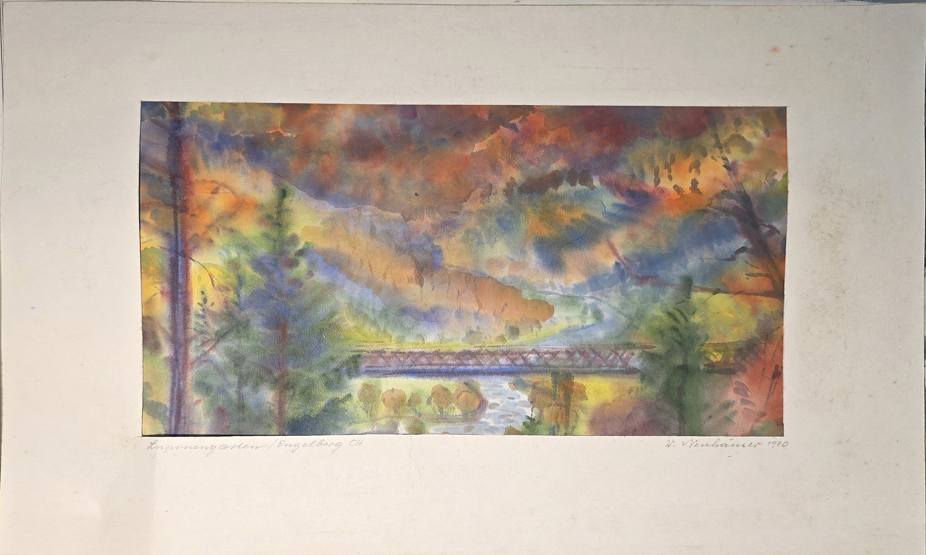 Historische Architekturdarstellung – Aquarell mit farbintensiver Gebirgslandschaft und Brücke
