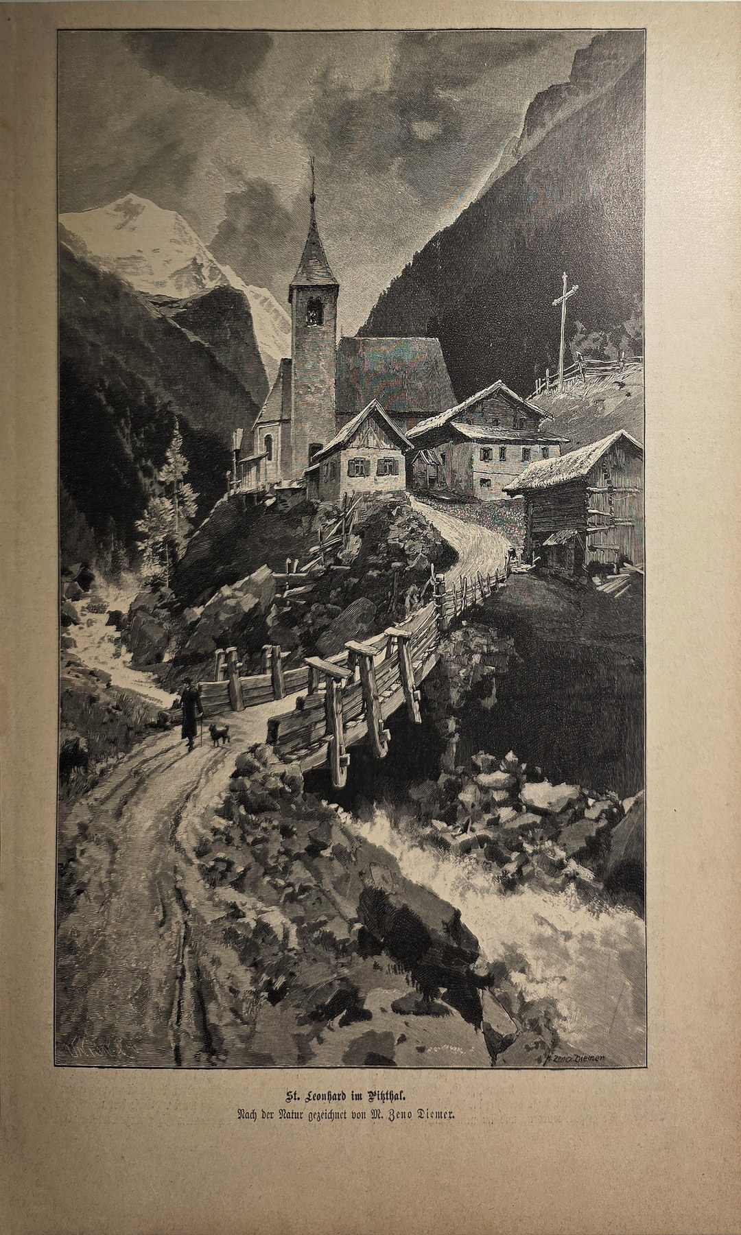 Bergdorf mit Kirche und Holzbrücke
