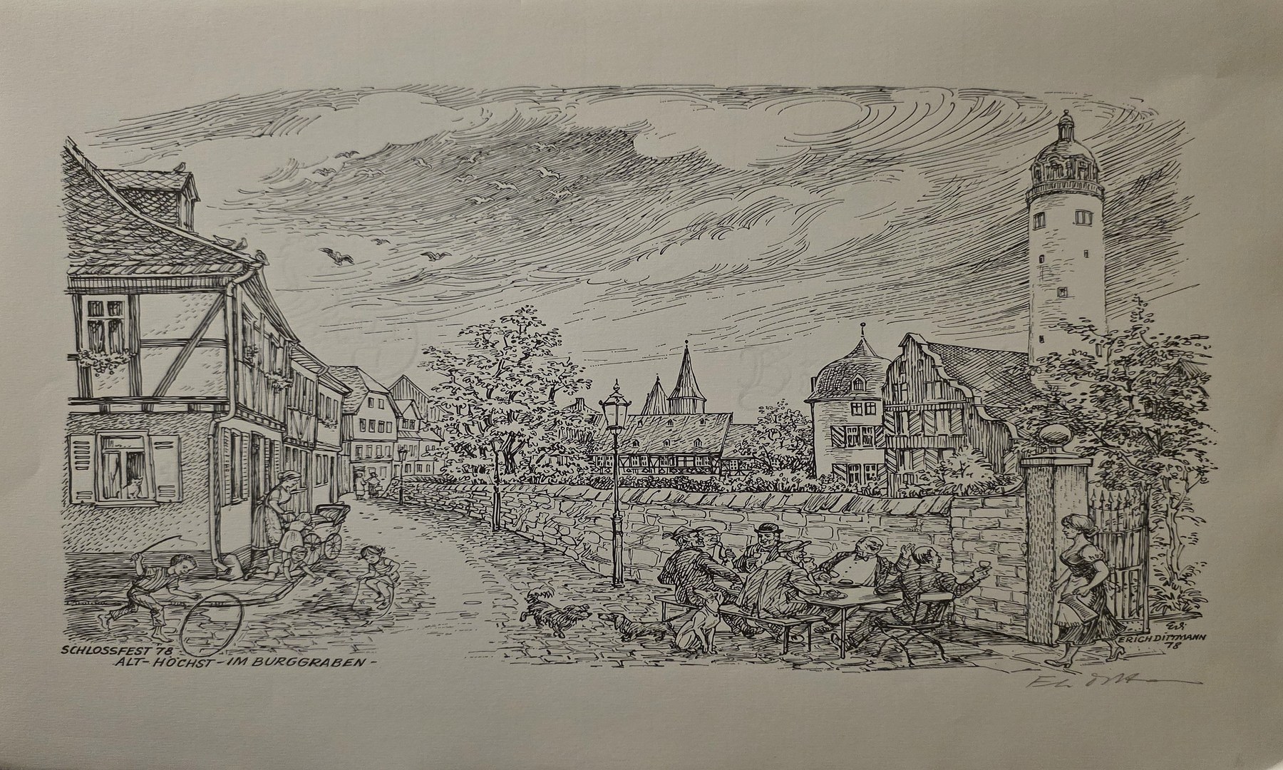 Historische Stadtgrafik mit Fachwerk und Flussufer