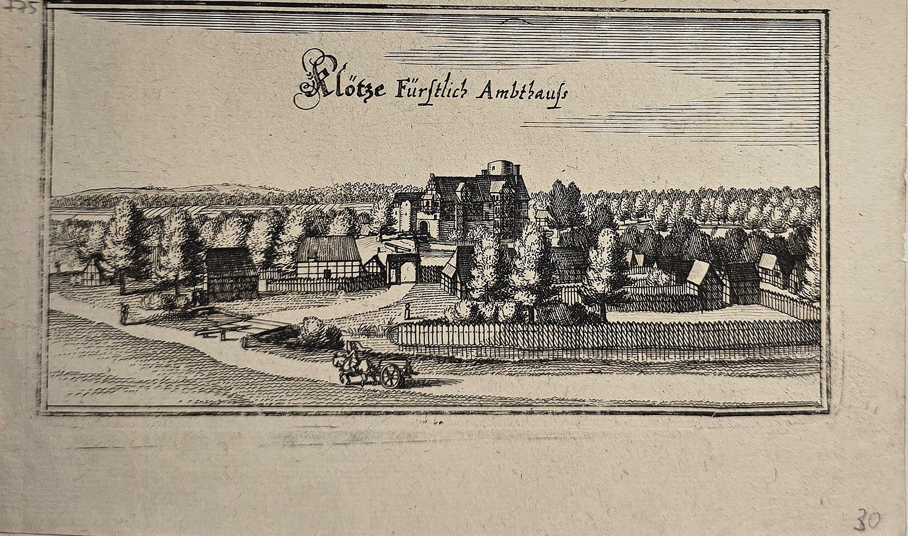 Historische Architekturdarstellung – Schlossansicht in waldreicher Landschaft