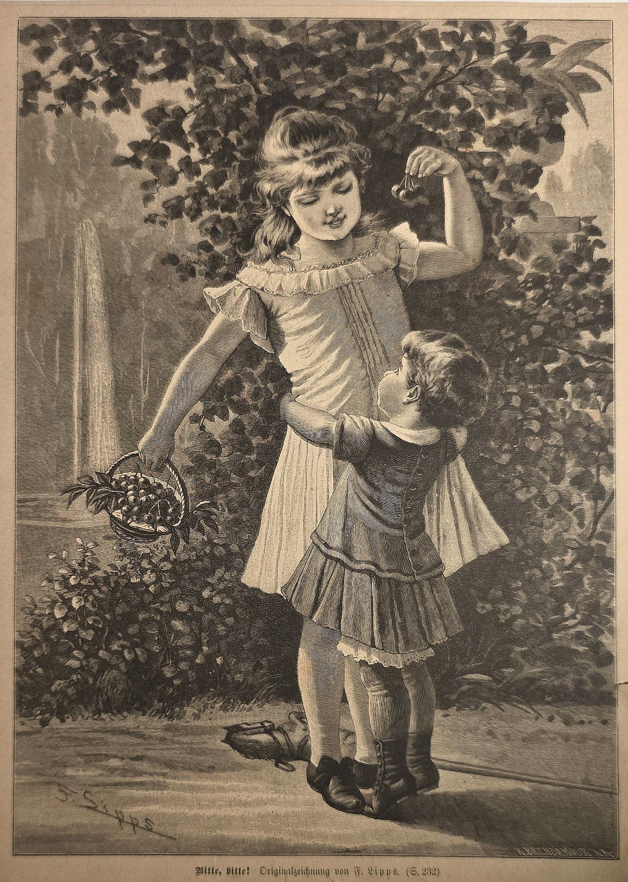 Mädchen mit Korb unter dichtem Laub