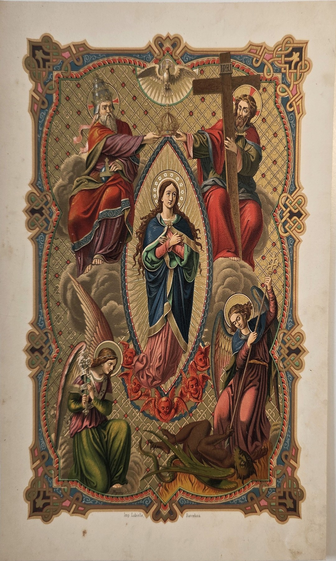 Farbiges Marienbild in reichem Zierrahmen