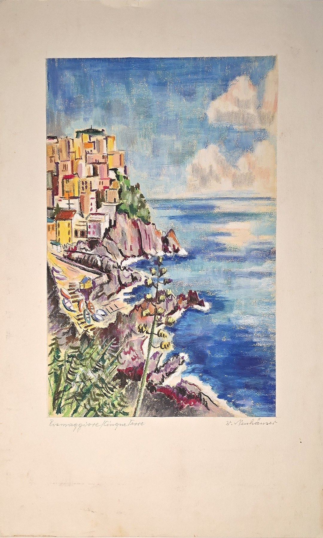 Aquarell mit farbiger Küstensiedlung über blauem Meer