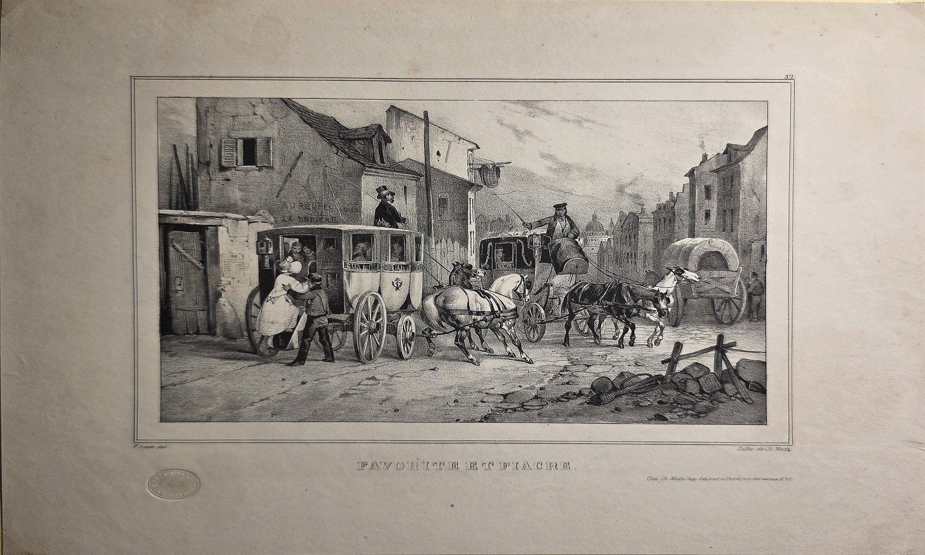 Historische Straßenszene mit Wagen vor dichter Häuserbebauung
