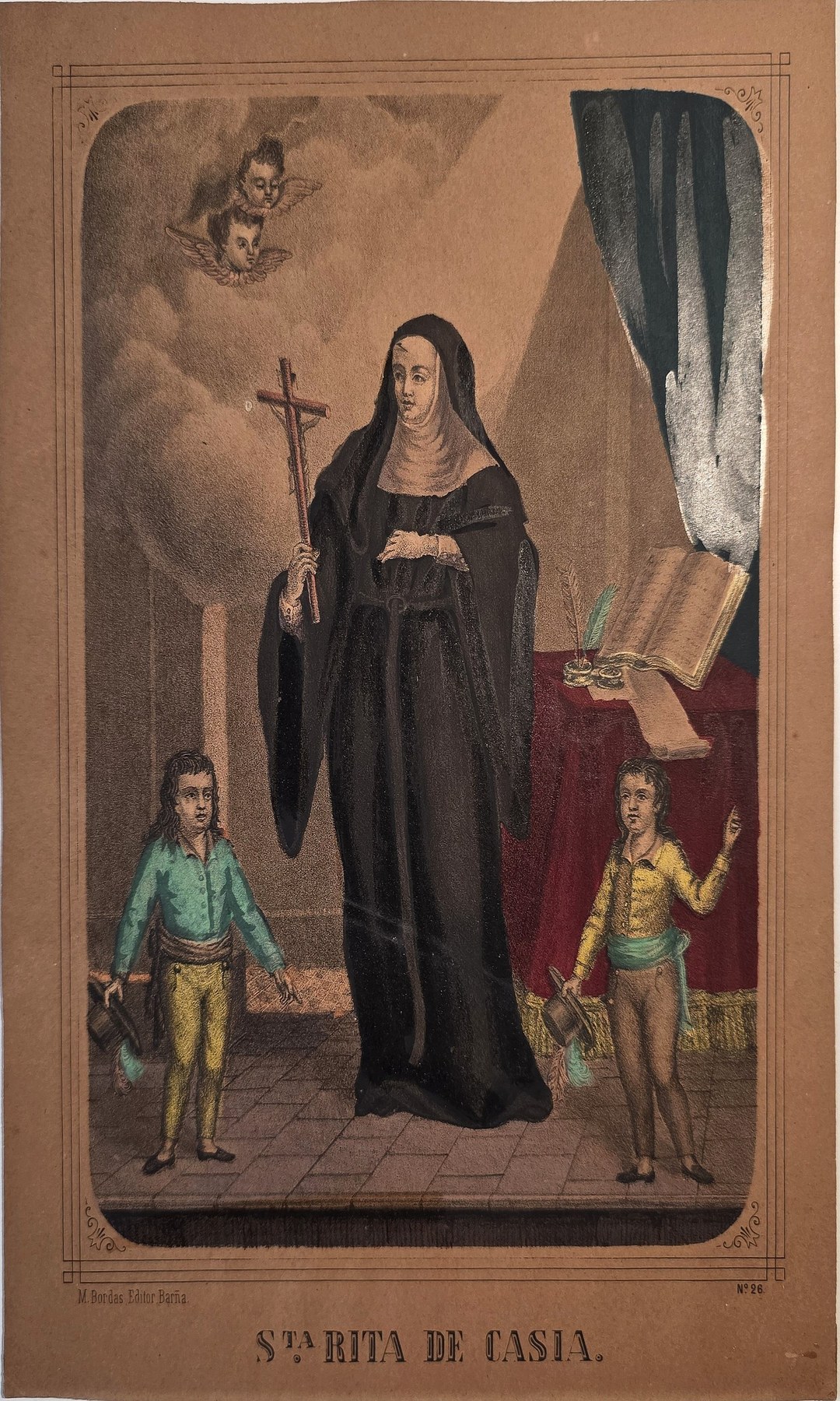 einer Ordensfrau mit Kreuz und zwei Kindern