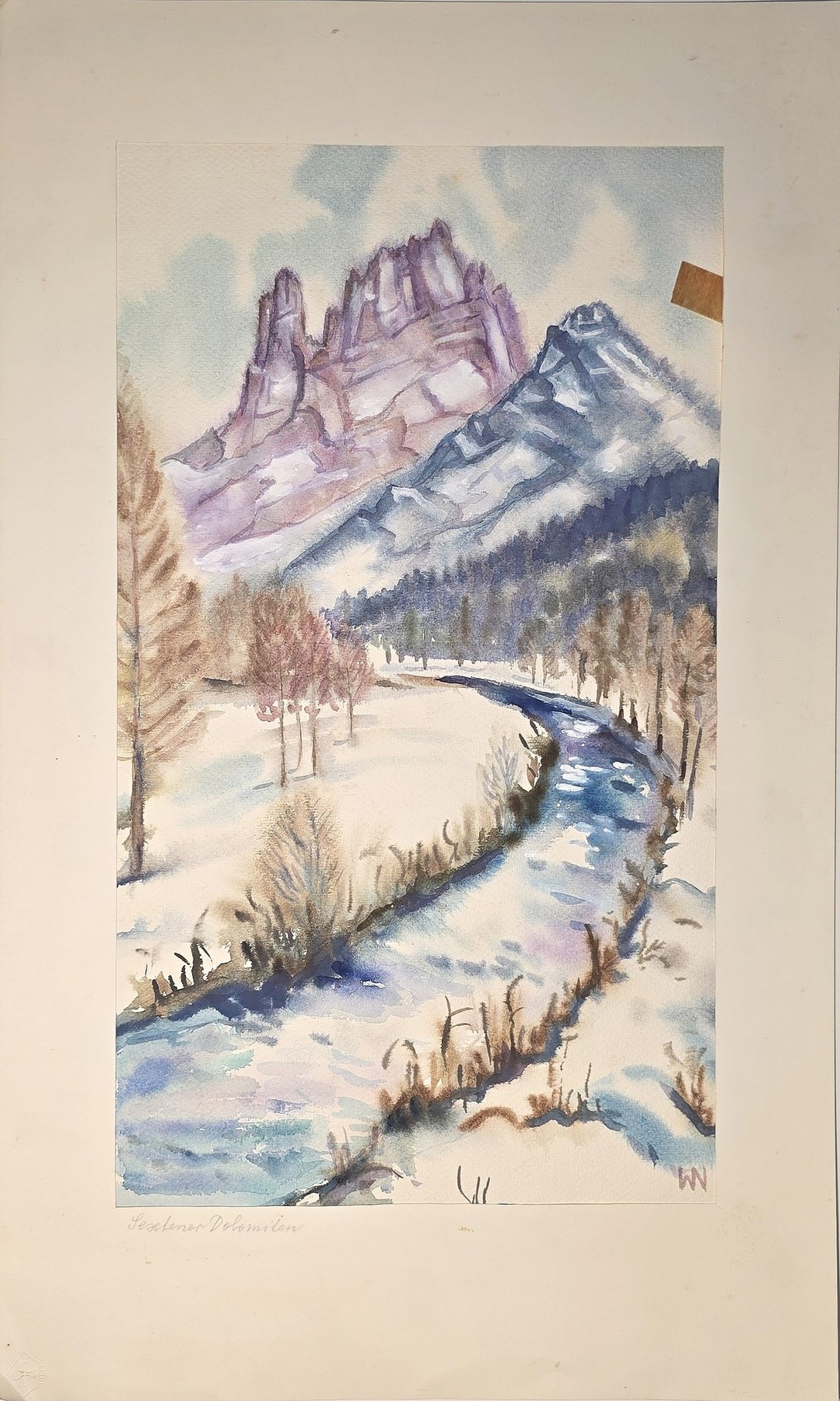 Aquarell mit Winterbach unter gezackten Bergen