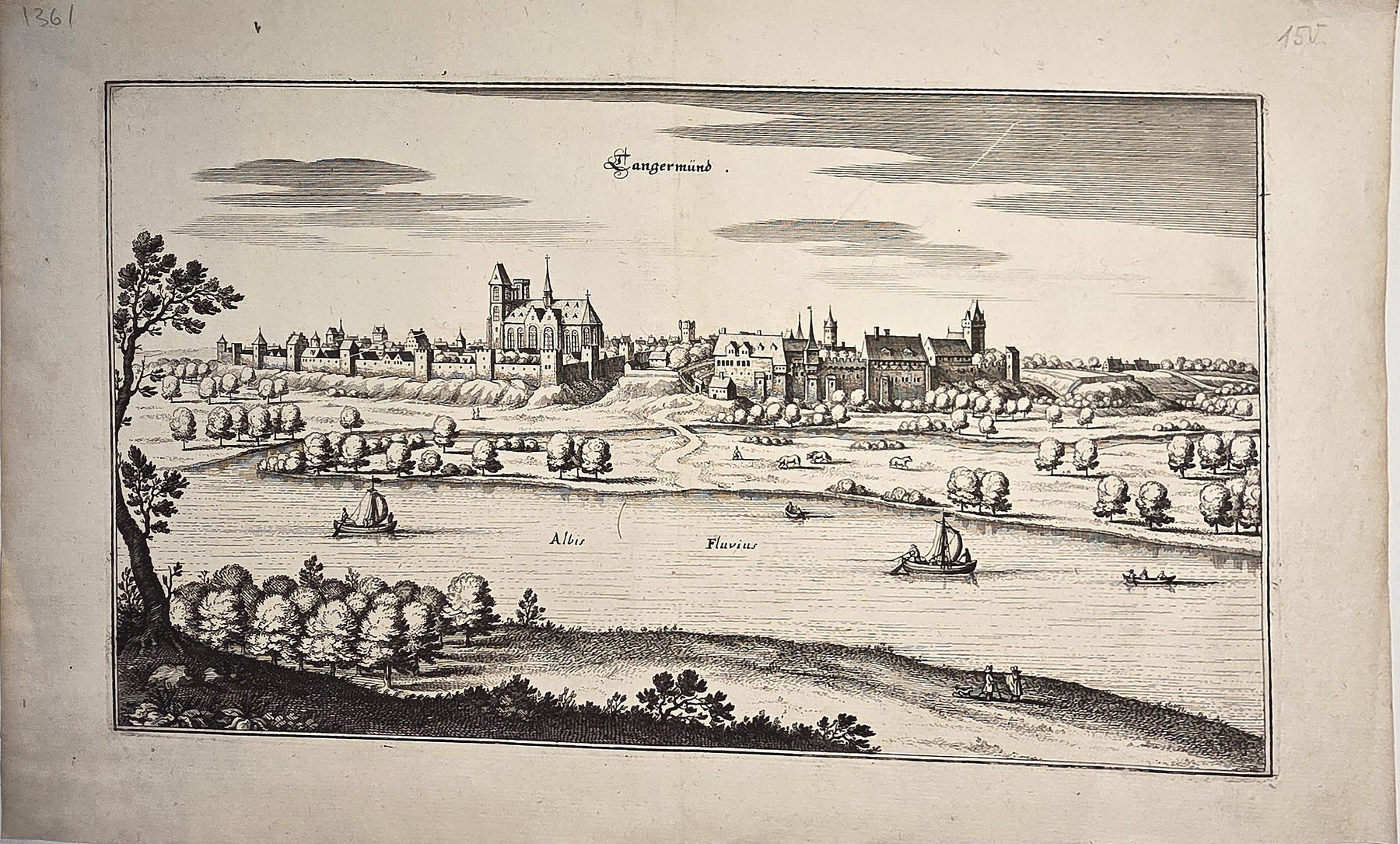 Historische Ortsdarstellung – Weite Stadtansicht mit Fluss und vorgelagerten Feldern