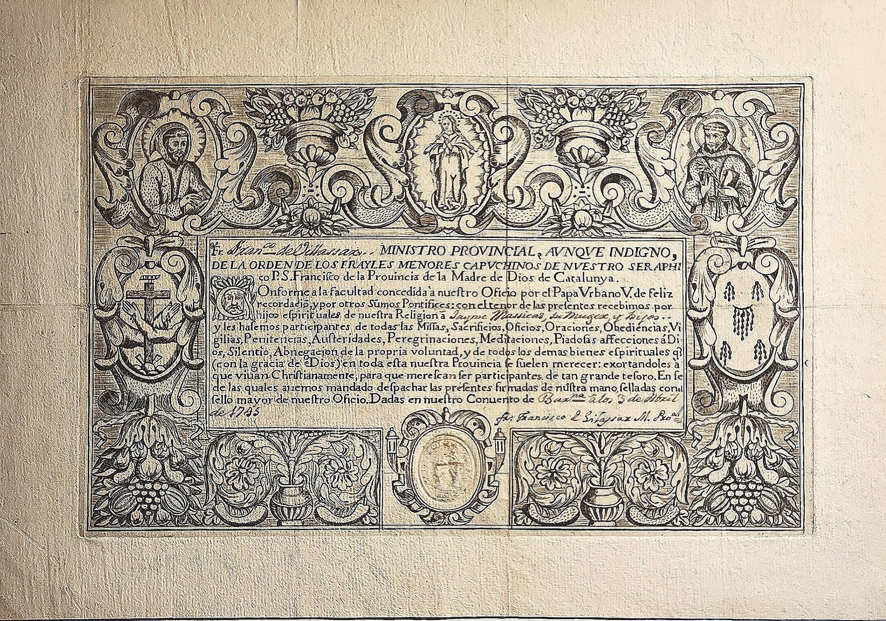 Ornamentaler mit zentralem Schriftfeld und Wappen
