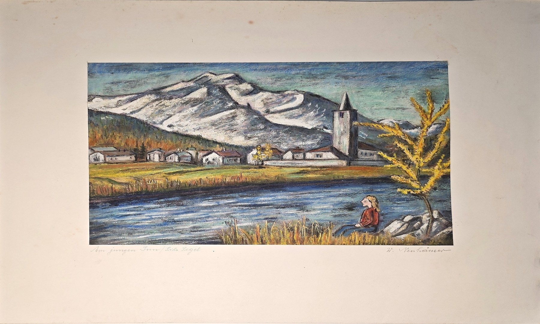 Aquarell mit Dorfkirche am Wasser vor Schneebergen