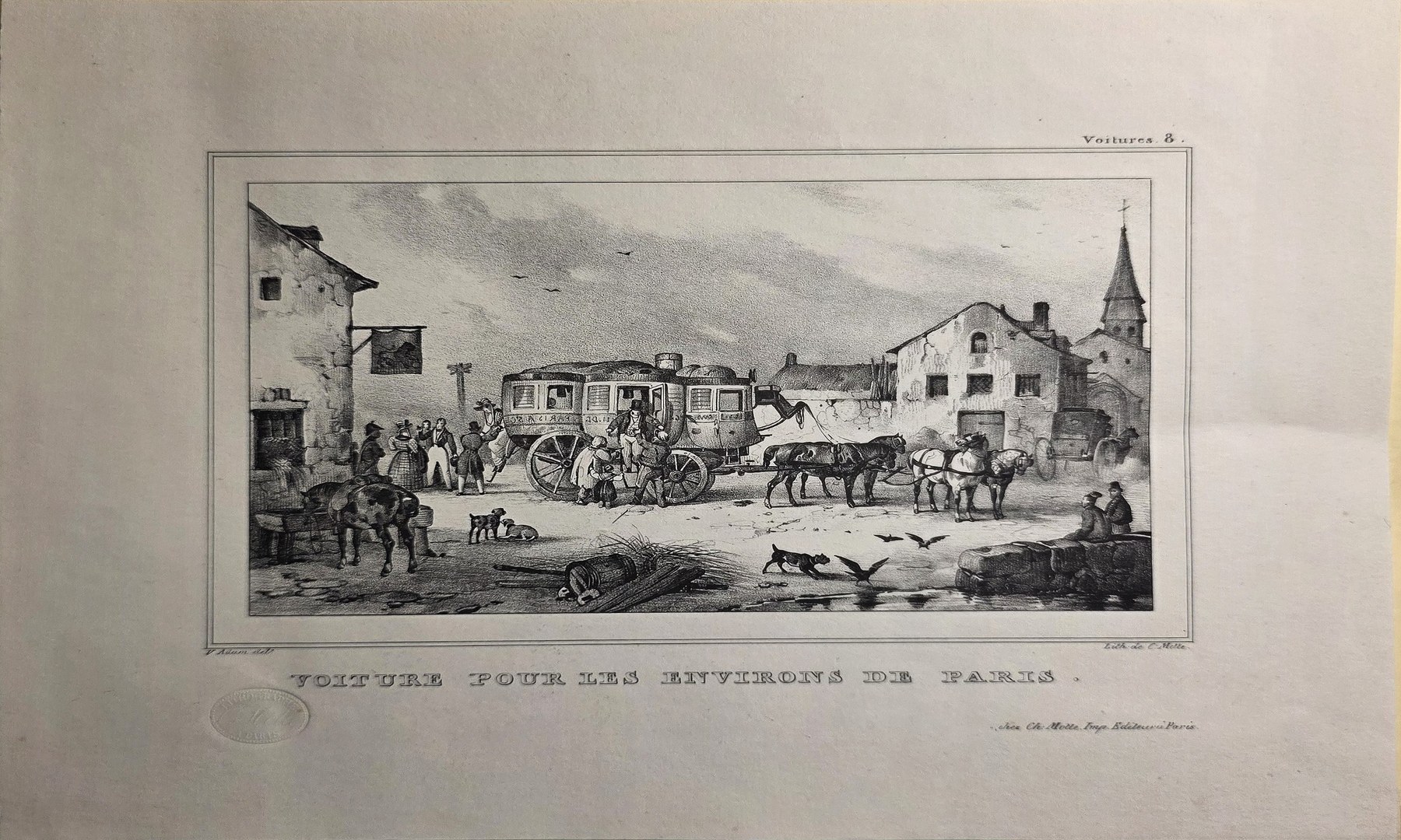 Weite historische Ortsansicht mit Marktverkehr und Kirchturm