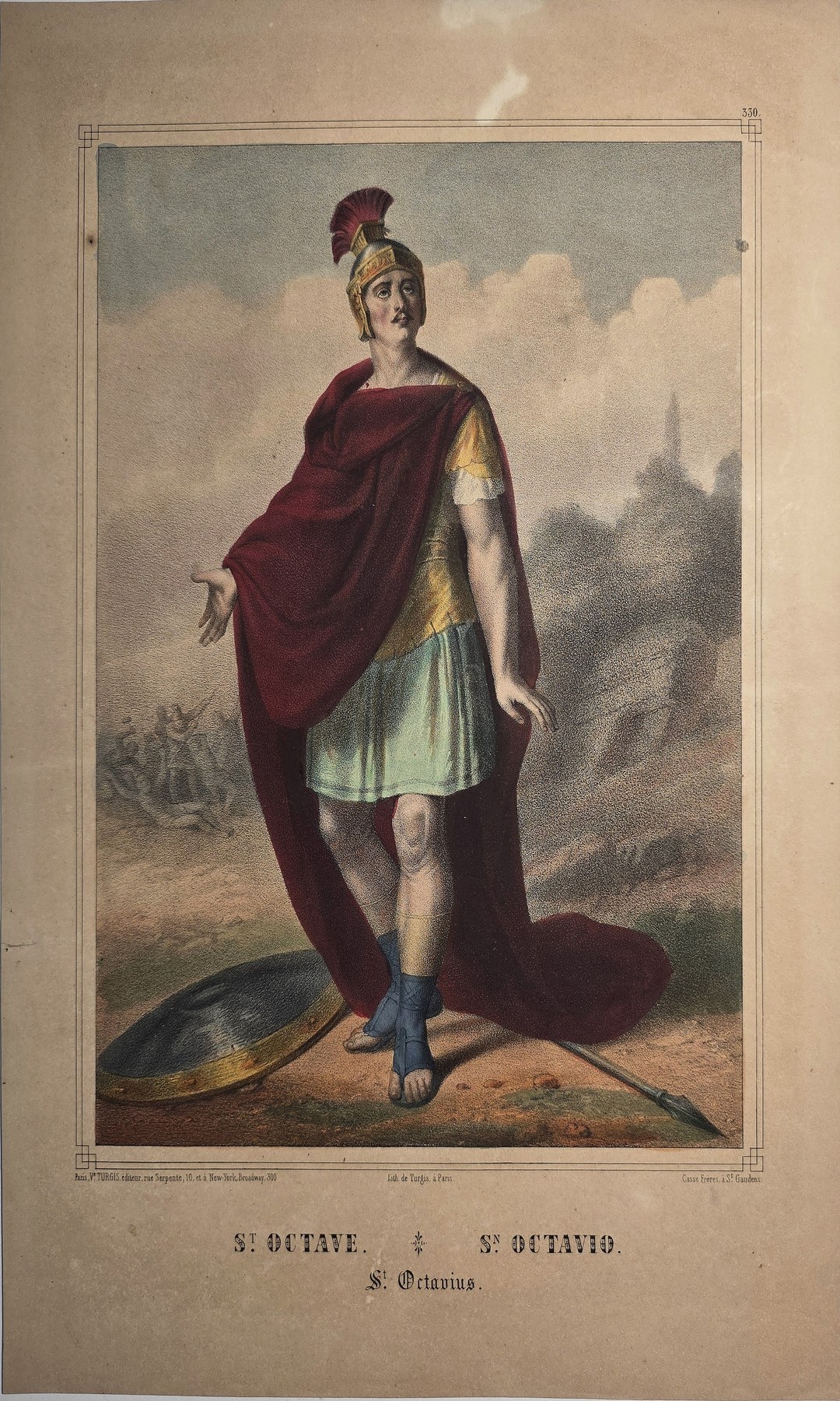 Farbig gefasste mit gerüsteter Heiligenfigur in Landschaft