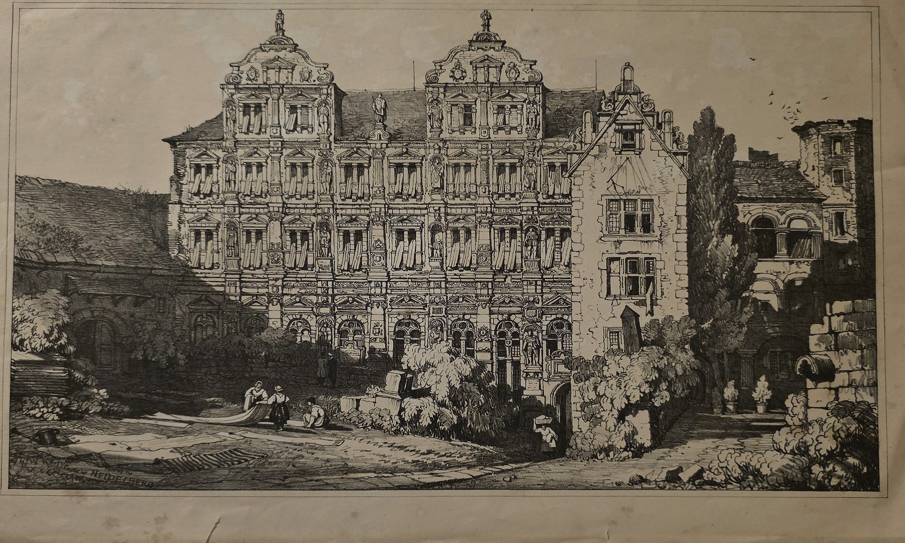 Große historische Architektur-Grafik mit reich verzierter Fassade