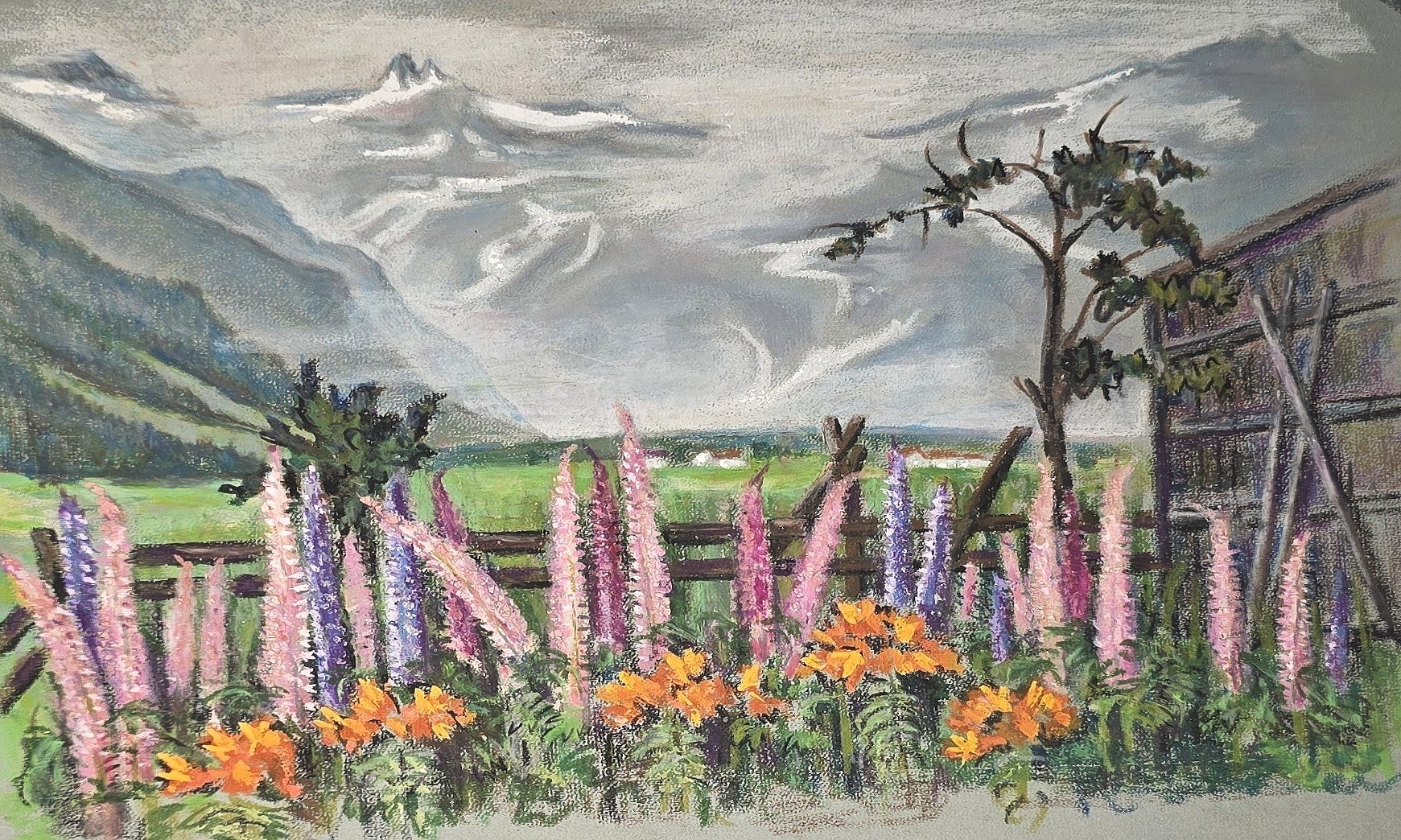 Aquarell mit Blumenbeet vor weiter Gebirgskulisse