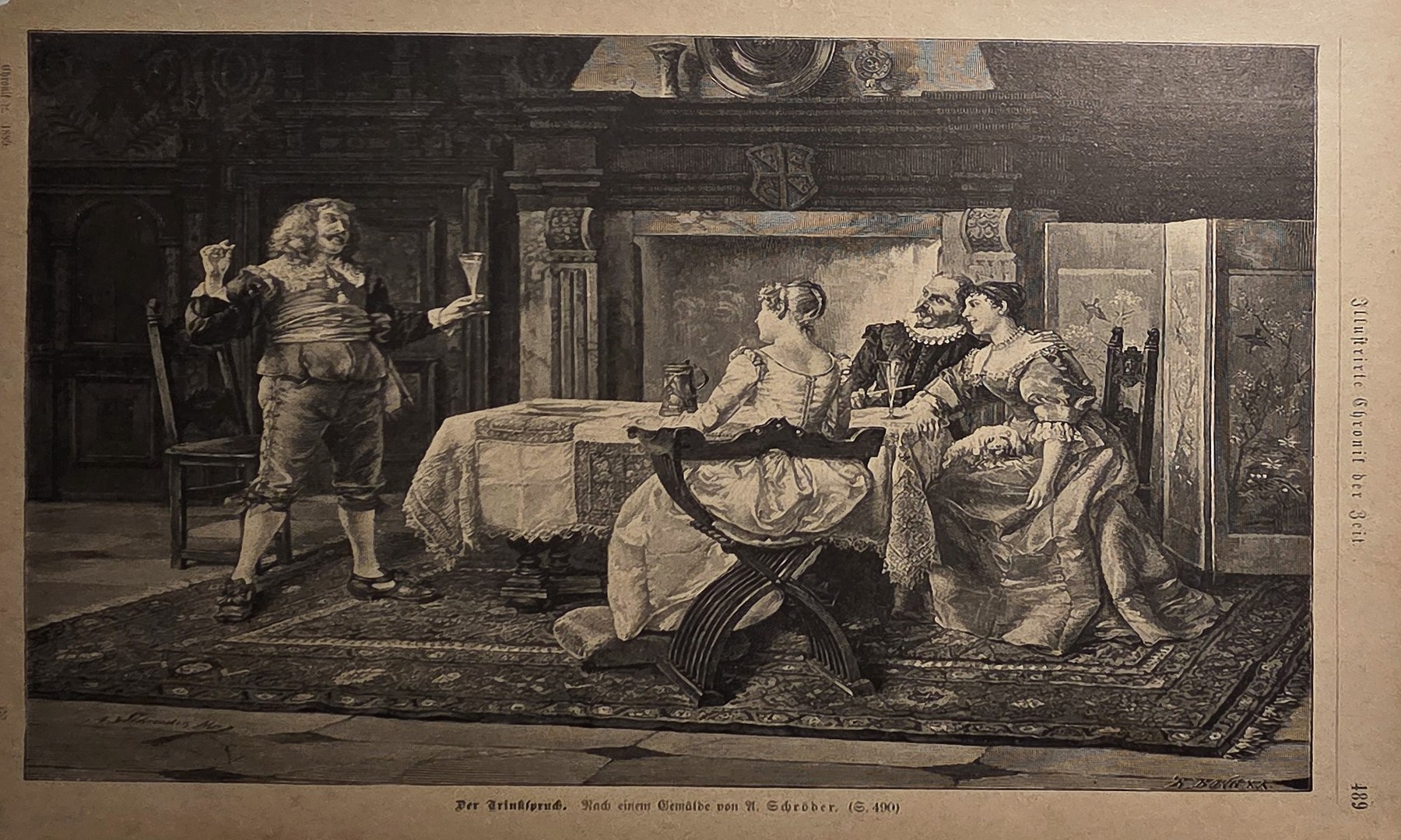 Vornehme Stube mit sitzender Dame und stehender Figur