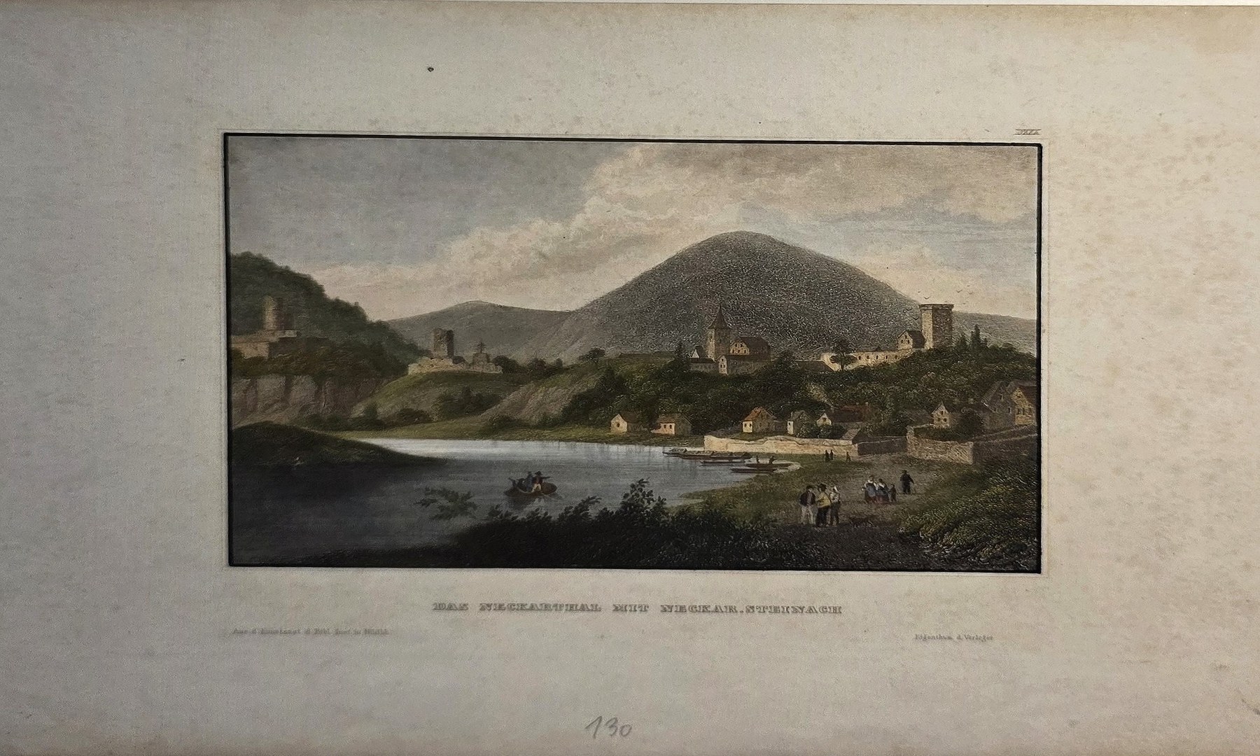 Historische Landschaftsdarstellung – Bergort am Fluss mit dunklem Höhenzug
